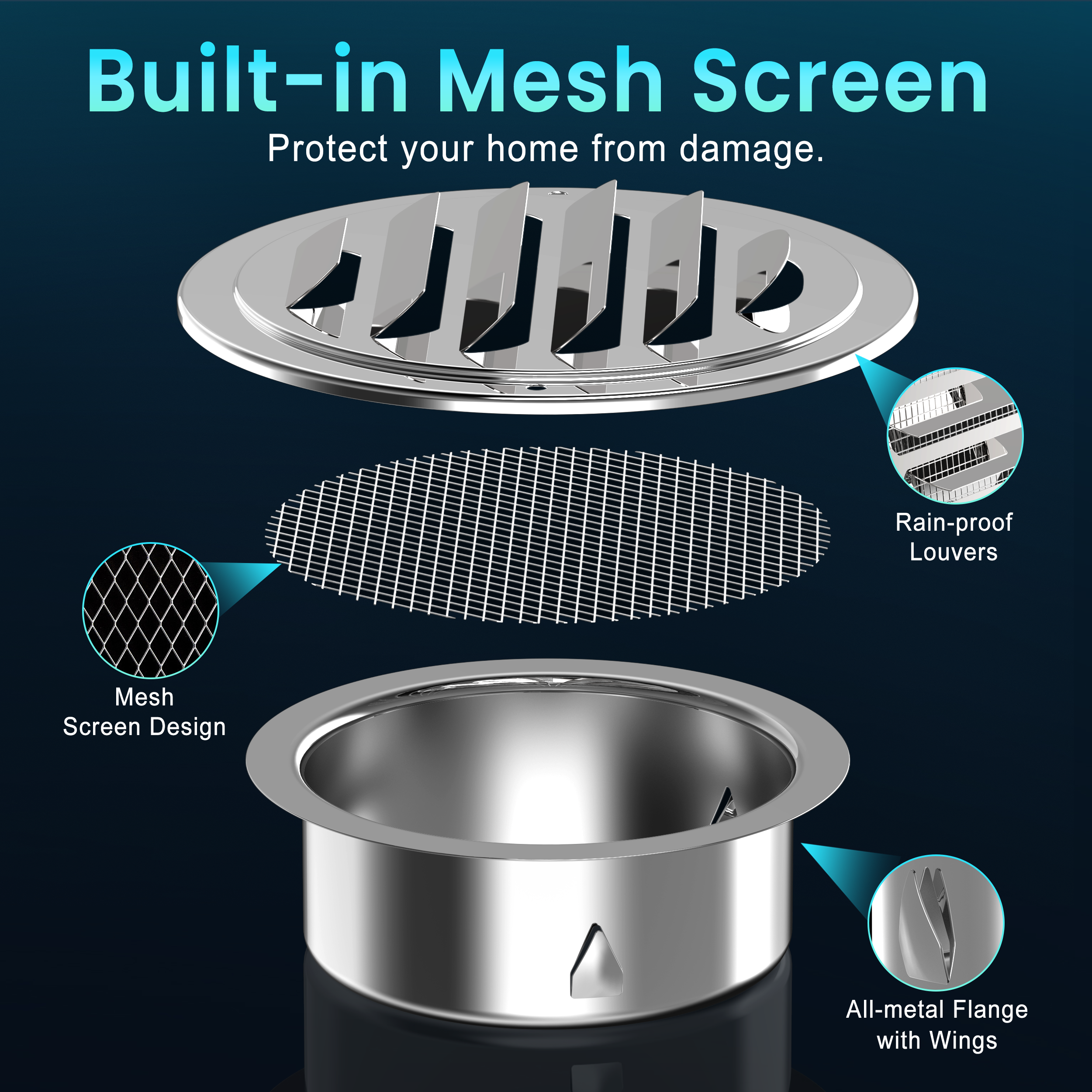 4/6 Inch Stainless Steel Silver Air Vents with Built-in Screen Mesh