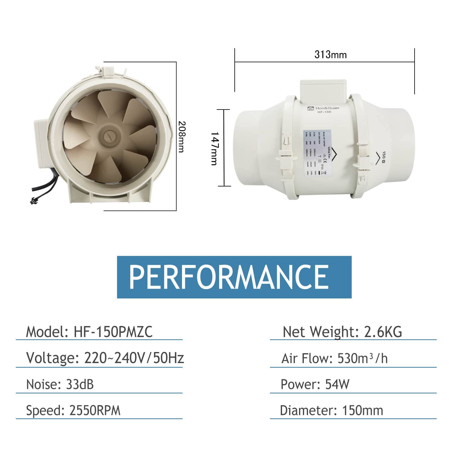 6 Inch Inline Duct Fan with Wired Smart Controller 400 CFM