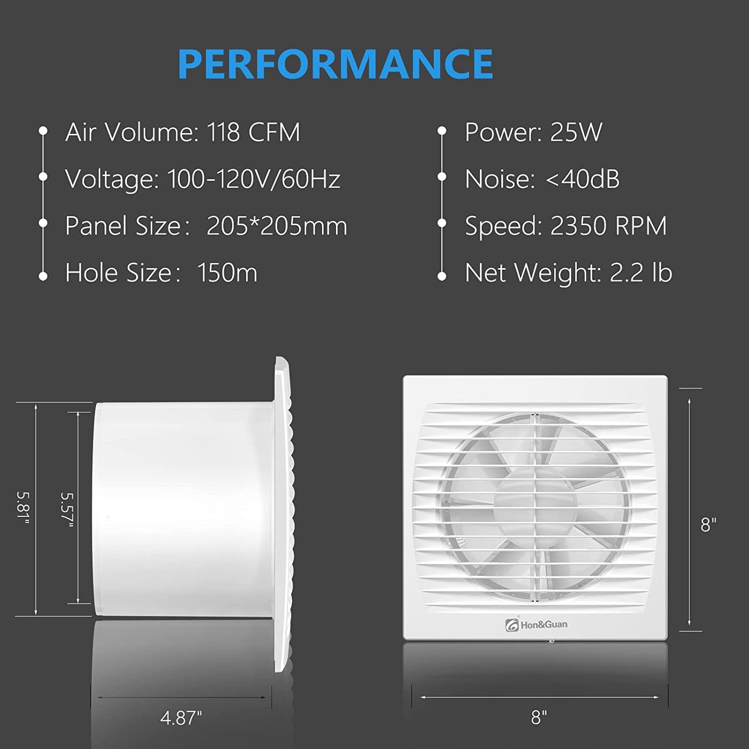 6 Inch Axial Super Silent Wall Exhaust Fan 118 CFM 150C-Type
